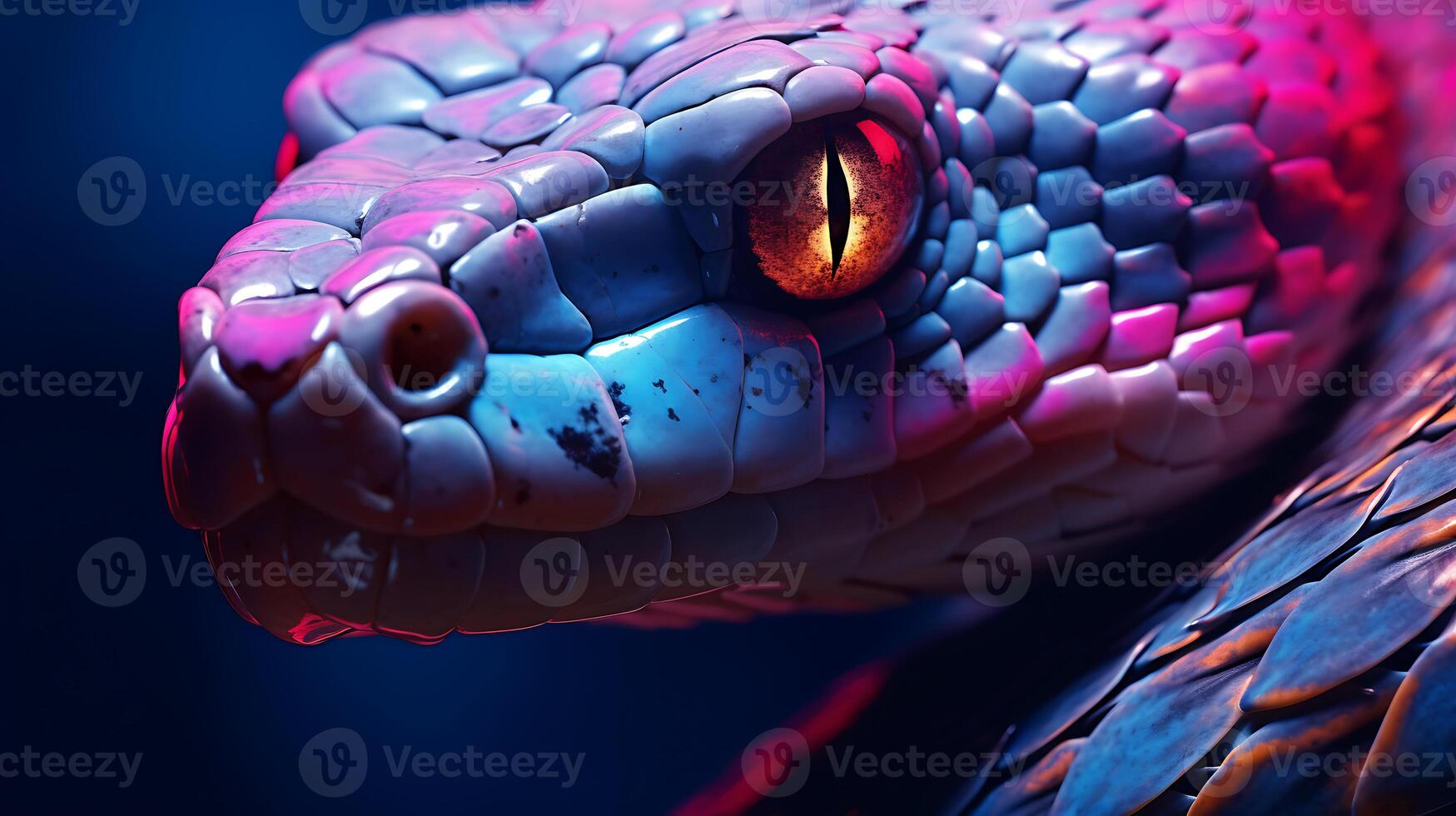 Colorful snake in neon violet and purple colors. Dark background with a close-up. photo