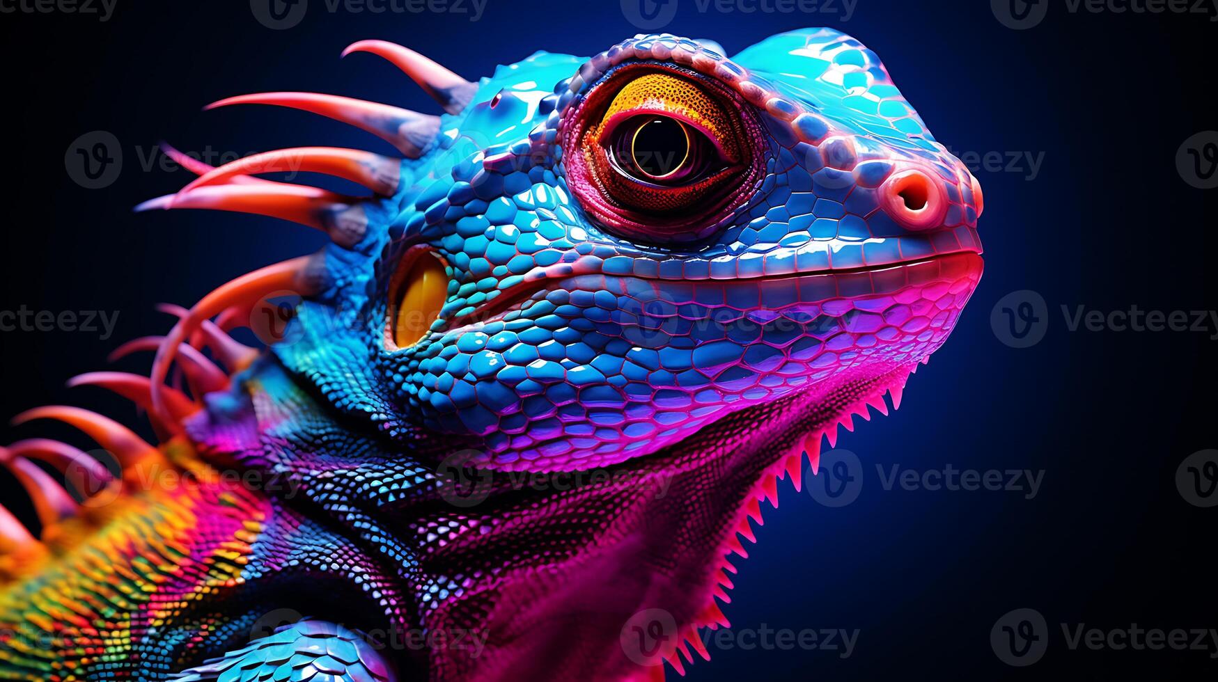 Colorful lizard in neon colors. Dark background with a close-up. photo