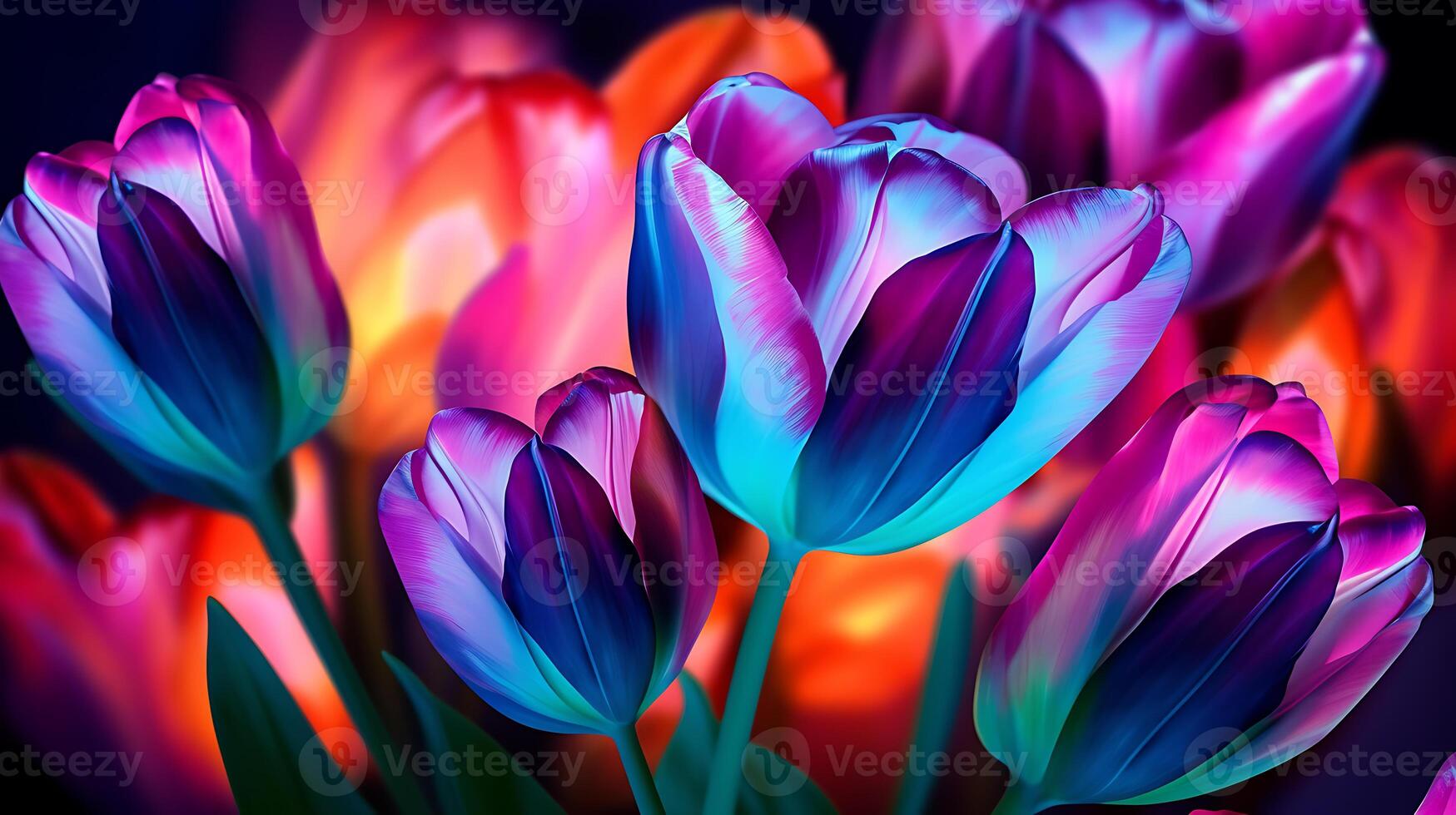 Colorful tulip flowers in neon colors. Dark background with a close-up. photo