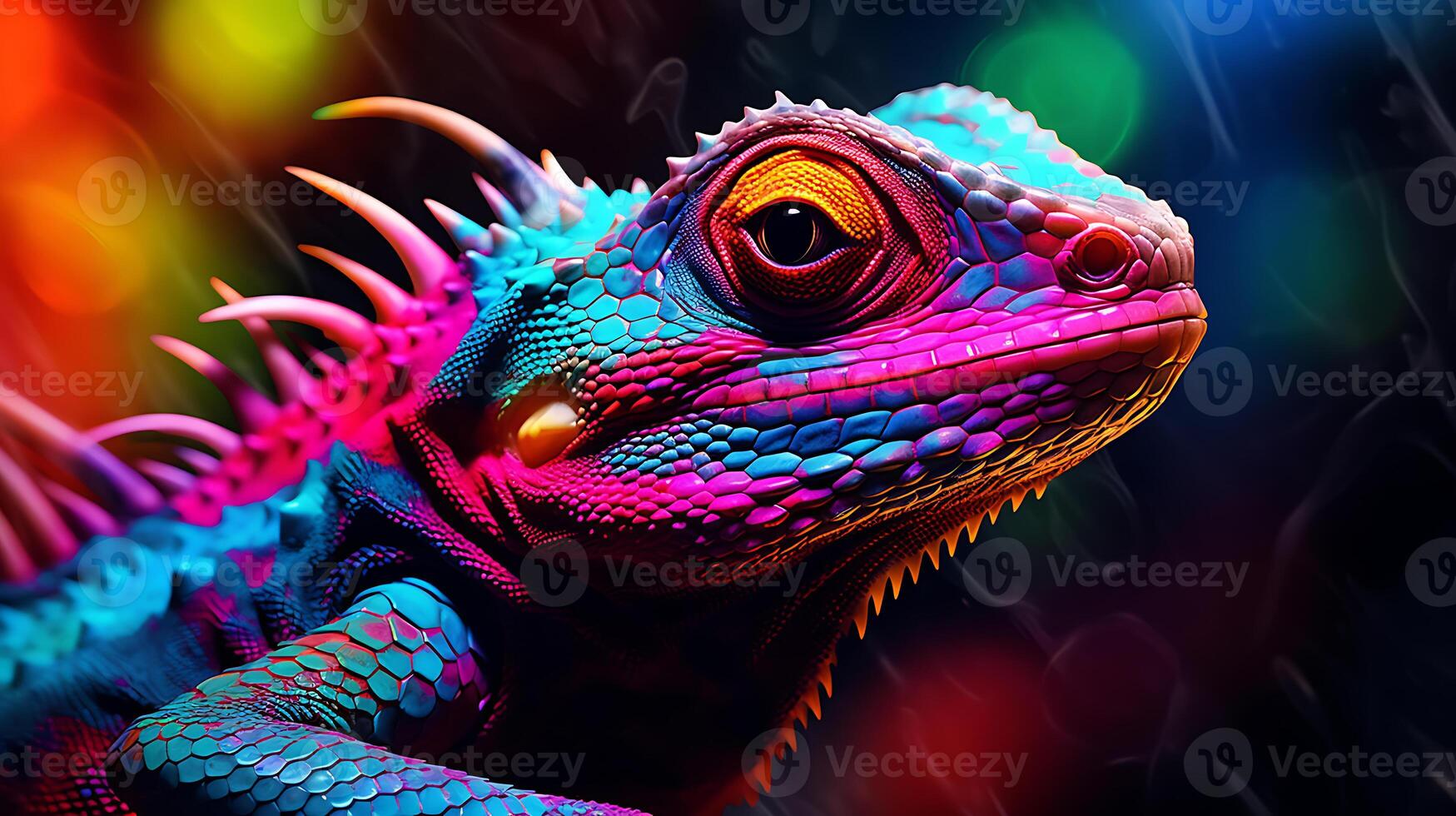 Colorful lizard in neon colors. Dark background with a close-up. photo