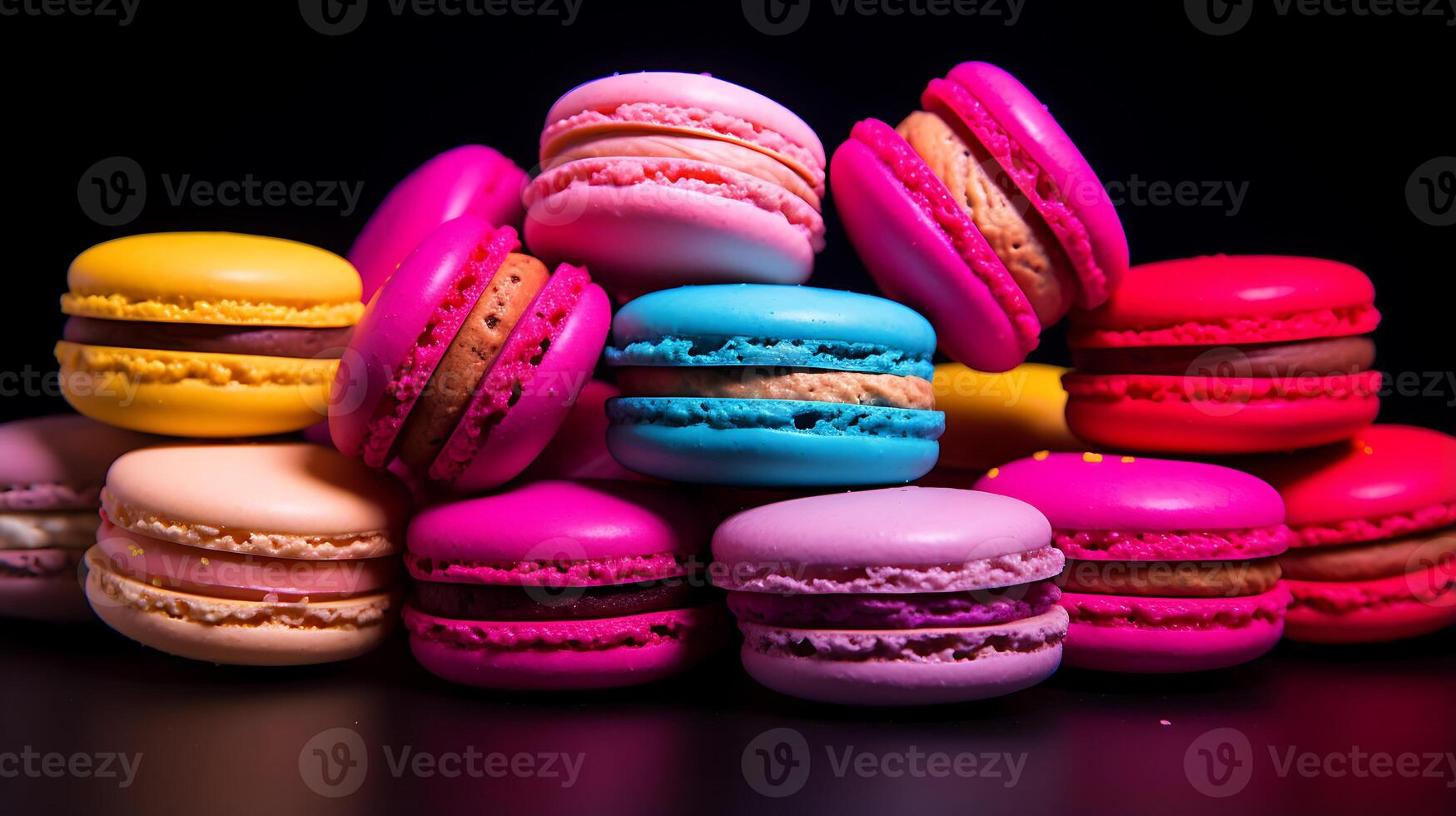 Colorful neon macaroons on dark background, bright French macaron cookies pattern. photo