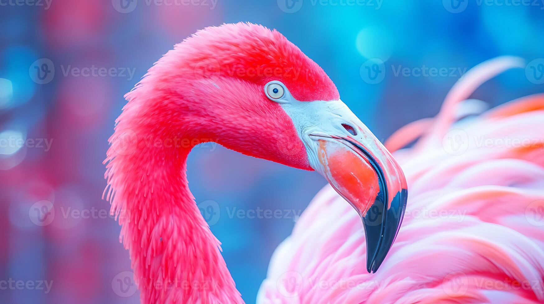 Pink flamingo in neon colors. Background with a close-up photo