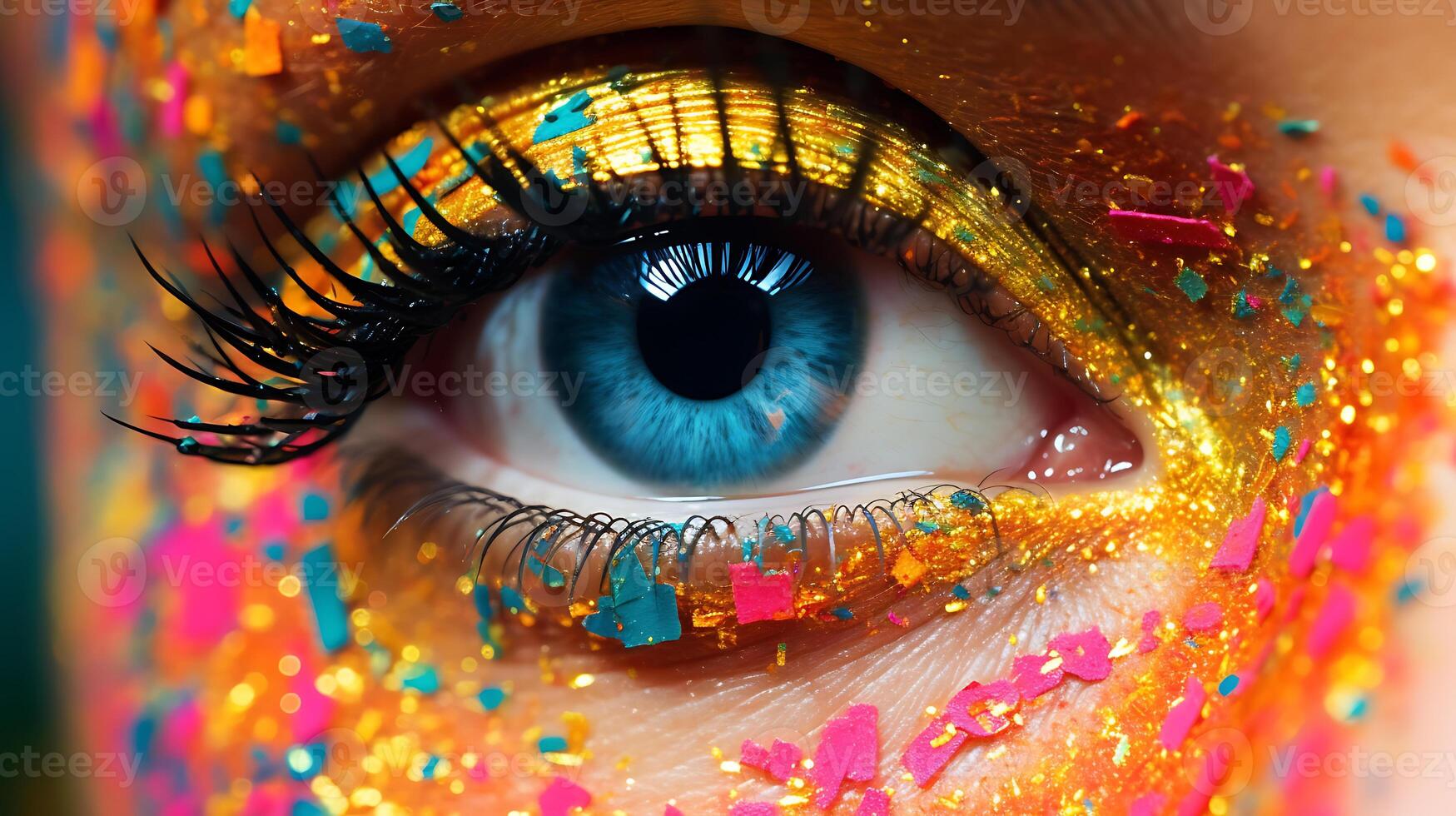 Carnaval Brazil. Face of young woman with colorful paint strokes close up makeup. Bright background. photo