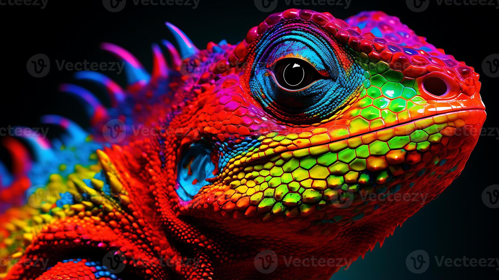 Colorful lizard in neon colors. Dark background with a close-up. photo