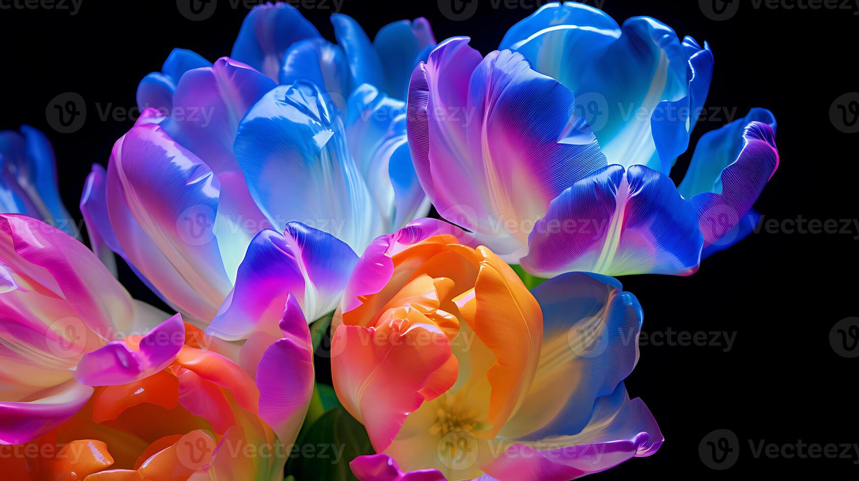 Colorful tulip flowers in neon colors. Dark background with a close-up. photo