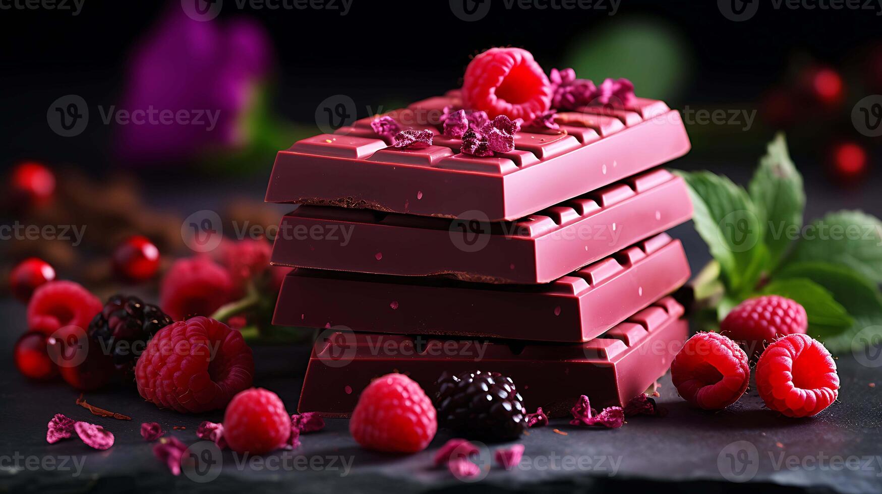 Ruby chocolate bar. Background with pink chocolate pieces on a brown background side view close up. photo