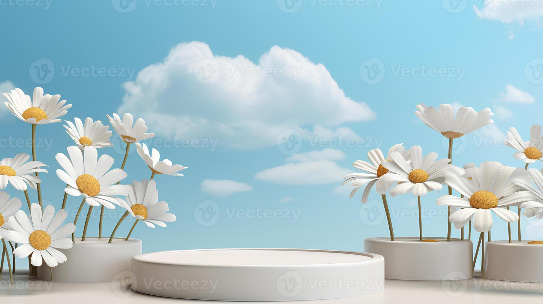 Cylinder podiums blue background with clouds and daisies. 3d round display mockup in white pastel colors for cosmetic products presentation with empty space. photo