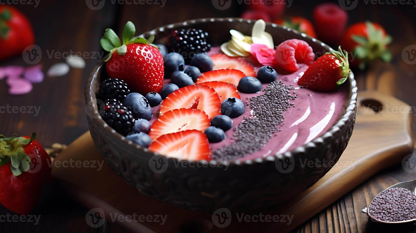 Acai bowl with berries and fruits. Breakfast smoothie bowl with blueberries and strawberries. photo
