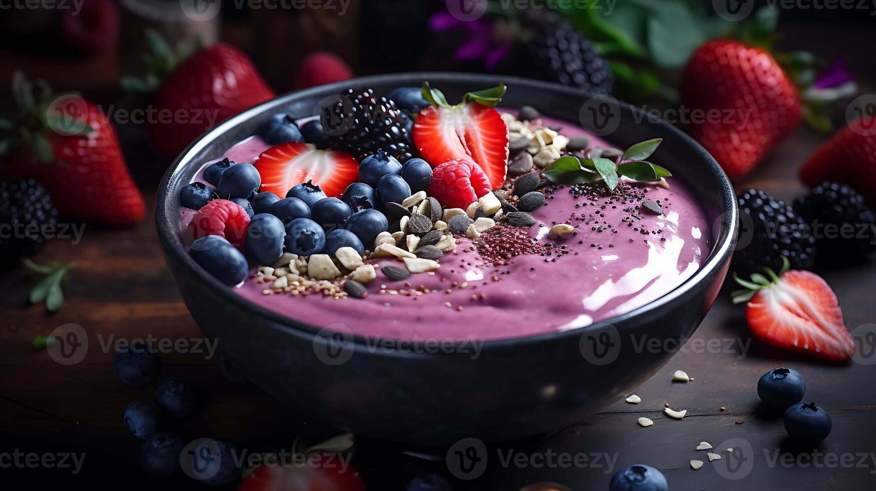 Acai bowl with berries and fruits. Breakfast smoothie bowl with blueberries and strawberries. photo