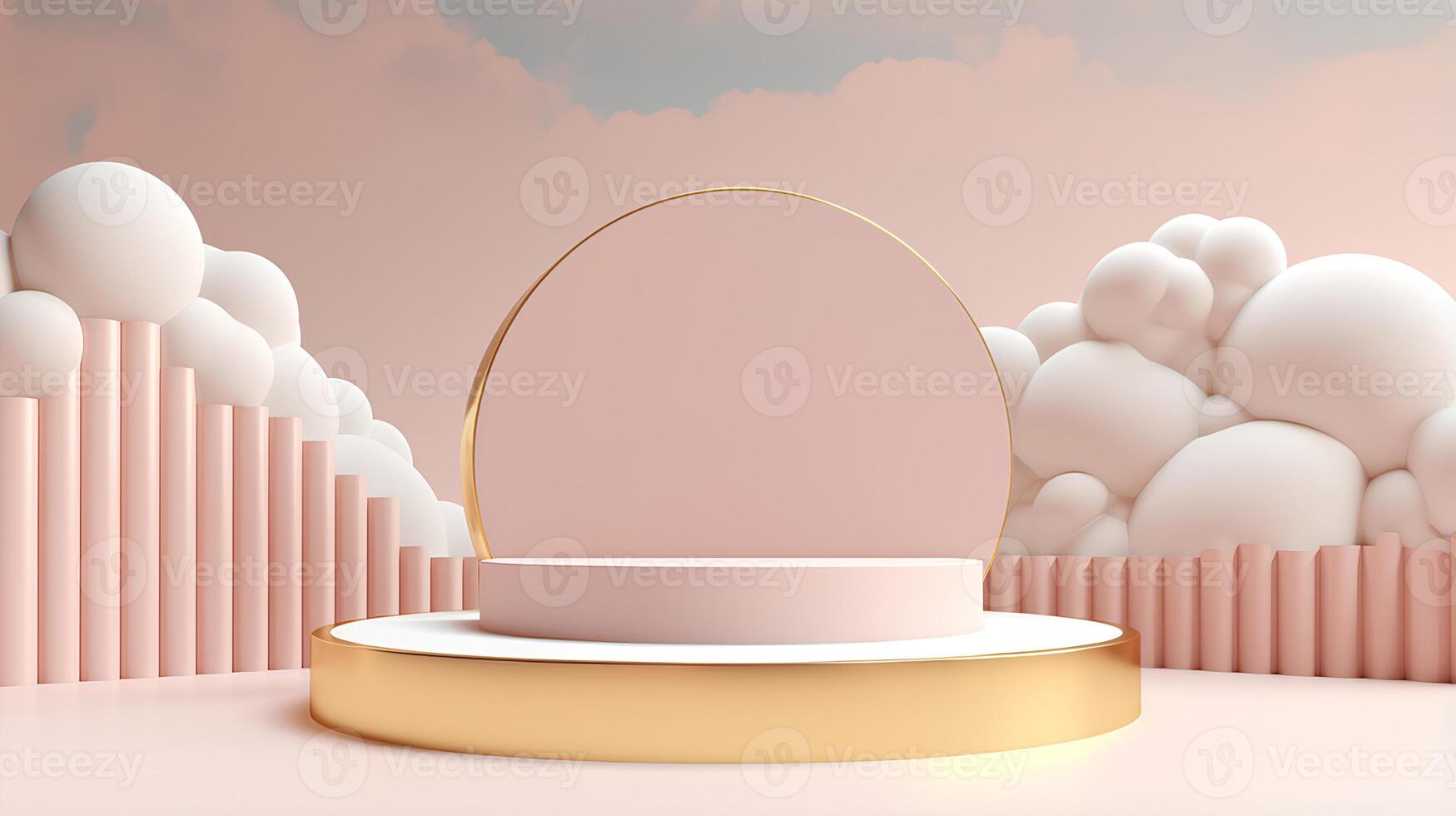 Cylinder podiums pink background with clouds 3d round display mockup in pastel yellow and gold colors for cosmetic products presentation with empty space. photo
