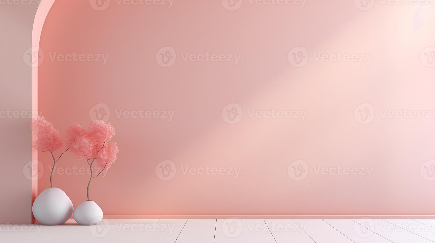 Empty room mockup with pastel coral background. 3d round display mockup for cosmetic products presentation with empty space. photo