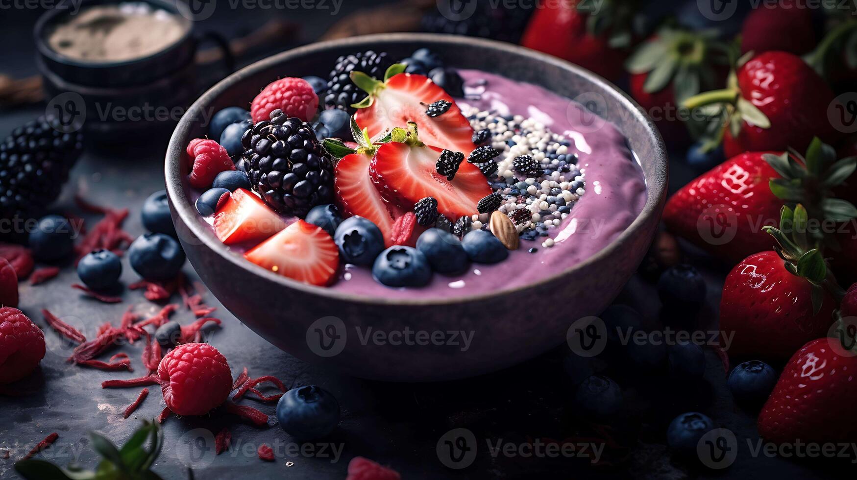 Acai bowl with berries and fruits. Breakfast smoothie bowl with blueberries and strawberries. photo