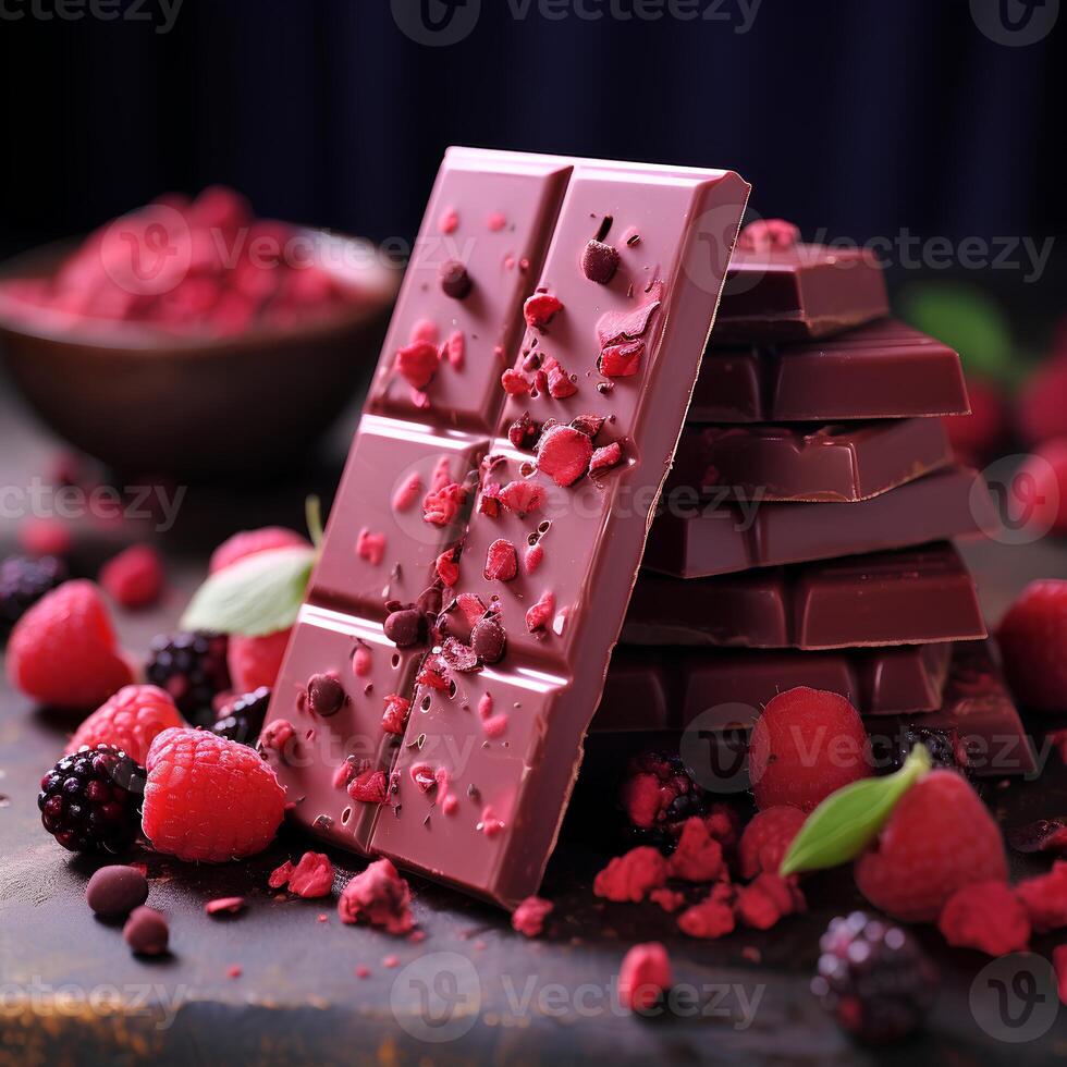 Ruby chocolate bar. Background with pink chocolate pieces on a brown background side view close up. photo