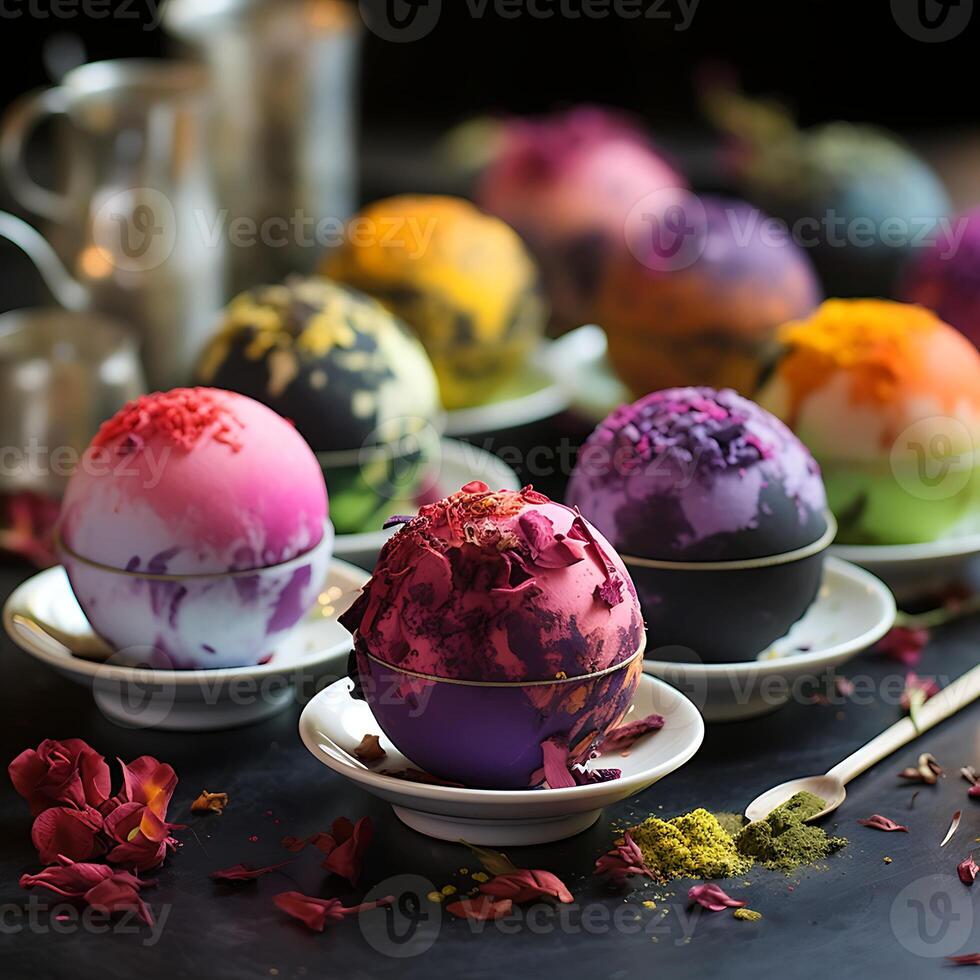 Tea bombs with different flavors on wooden background. Various tea balls with dried flowers and herbs. photo