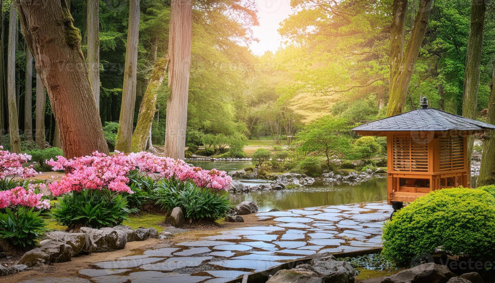 Tranquil Japanese Garden with Blossoming Flowers and Traditional Pavilion by Serene Pond photo