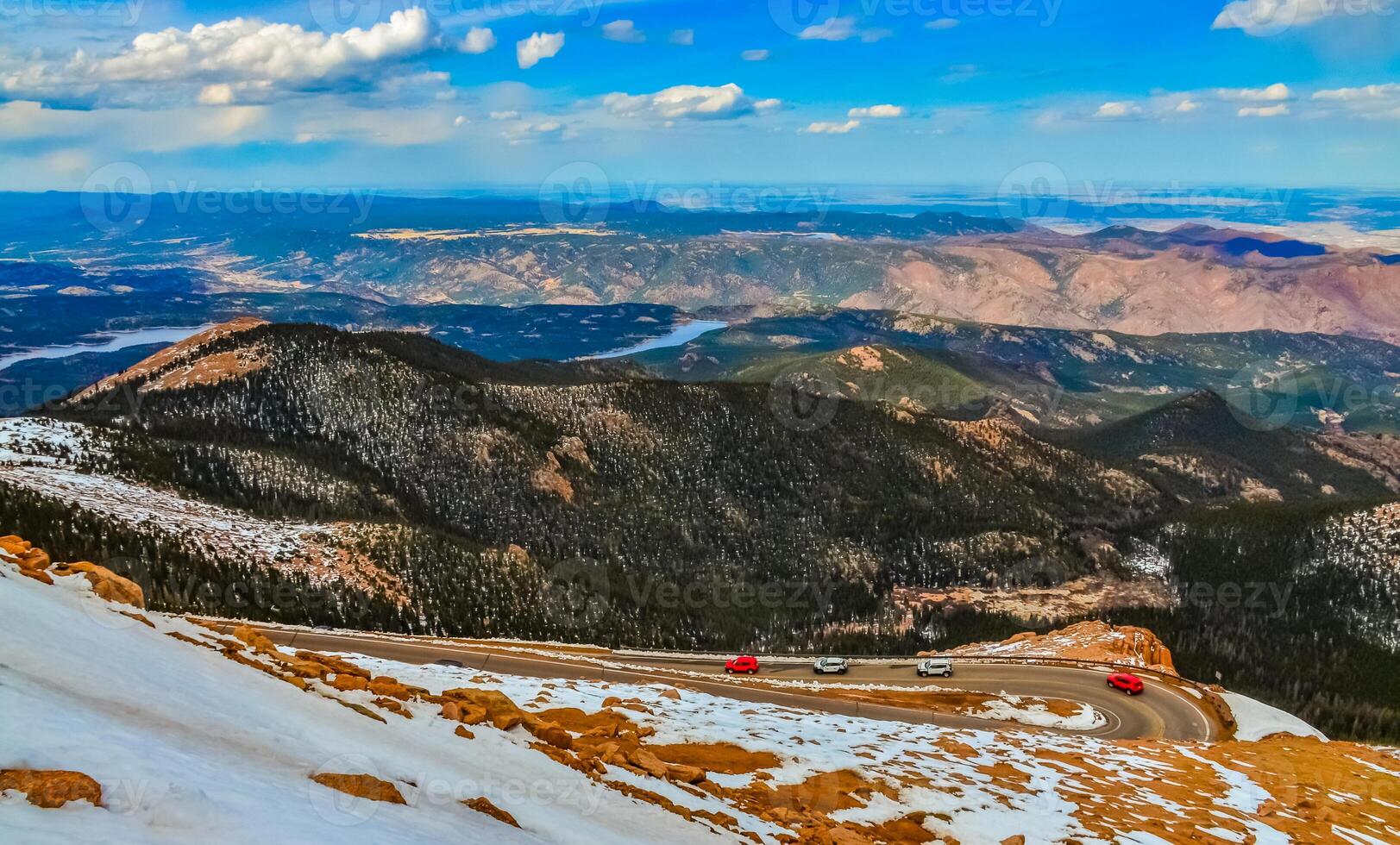 Panorama from the mountain, Road to the snow-capped mountain Pikes Peak, Colorado, US photo