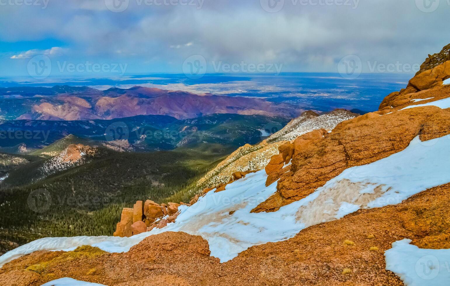 Panorama of winter mountains, snow-covered slopes of Pikes Peak mountains, Colorado, US photo