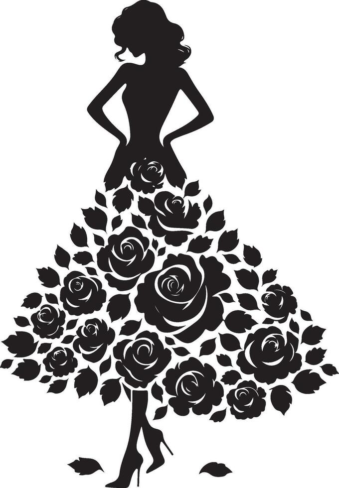 Stylish woman in a rose flower gown silhouette line art set capturing the grace and beauty of fashion illustrations. Perfect for decorative and formal design projects vector
