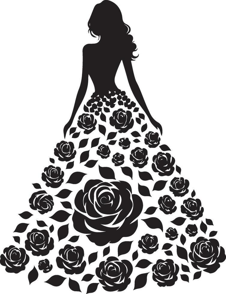 Stylish woman in a rose flower gown silhouette line art set capturing the grace and beauty of fashion illustrations. Perfect for decorative and formal design projects vector