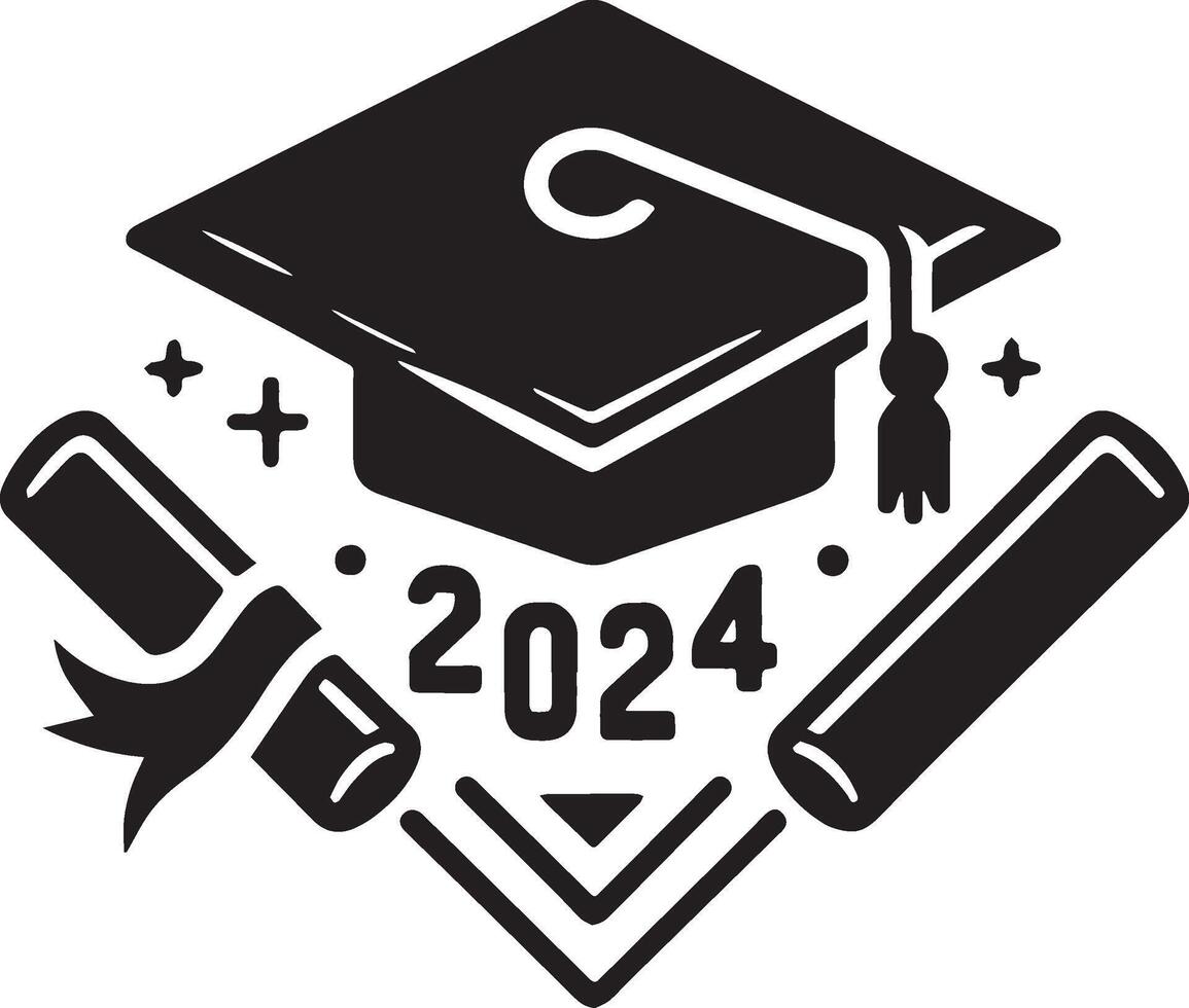2024 graduation set featuring caps, diplomas, and fun typography. Perfect for celebration and academic achievement design projects. vector