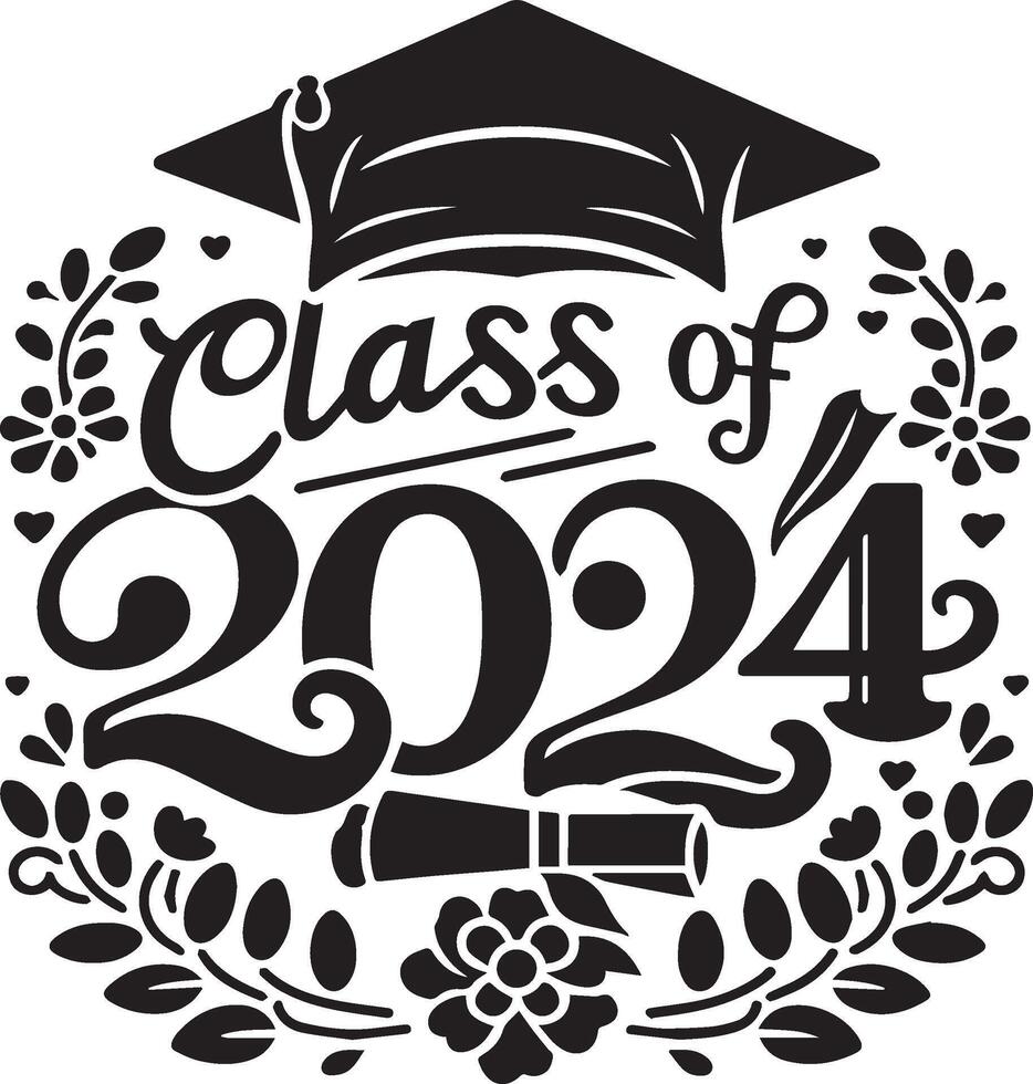 2024 graduation set featuring caps, diplomas, and fun typography. Perfect for celebration and academic achievement design projects. vector