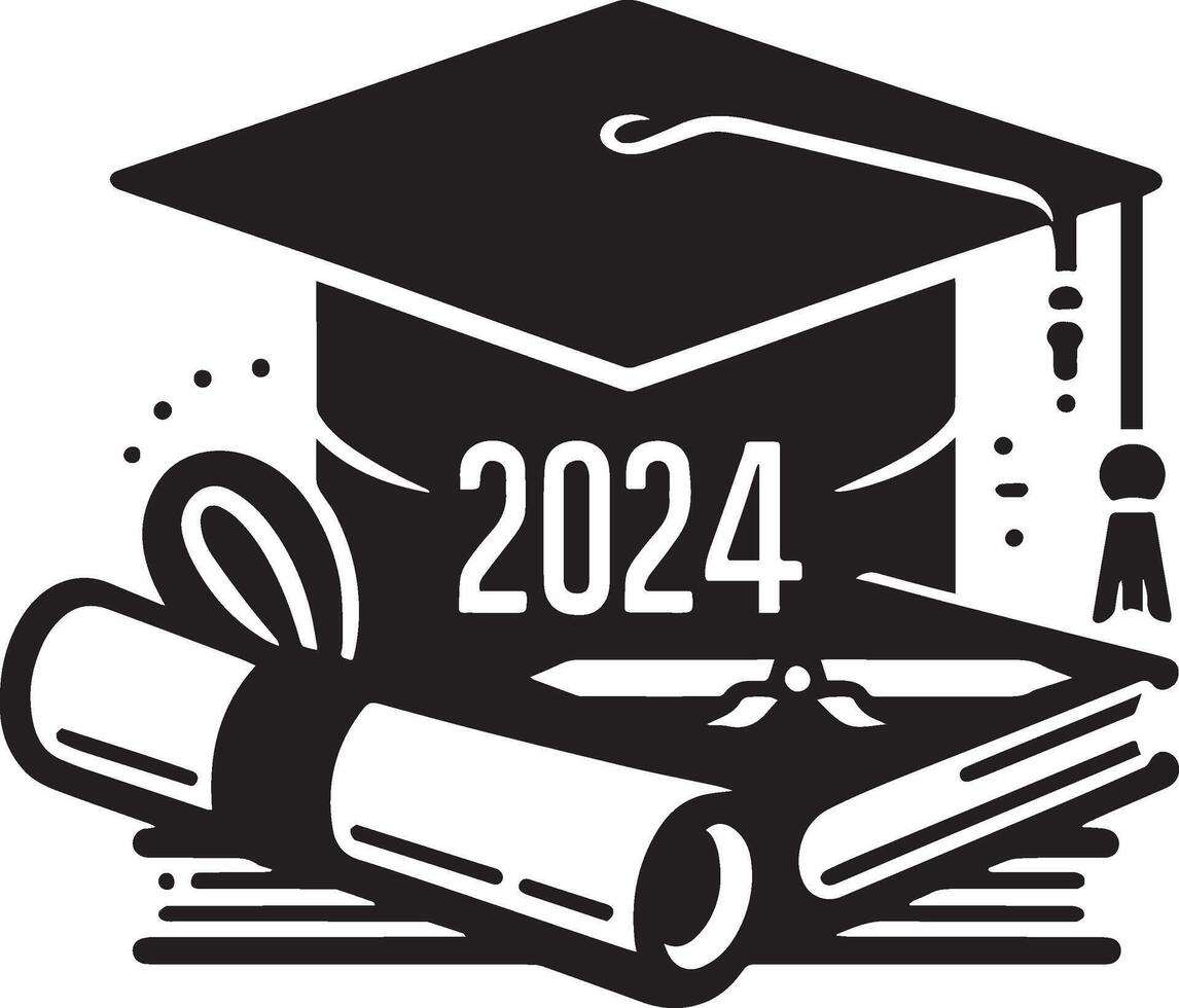 2024 graduation set featuring caps, diplomas, and fun typography. Perfect for celebration and academic achievement design projects. vector