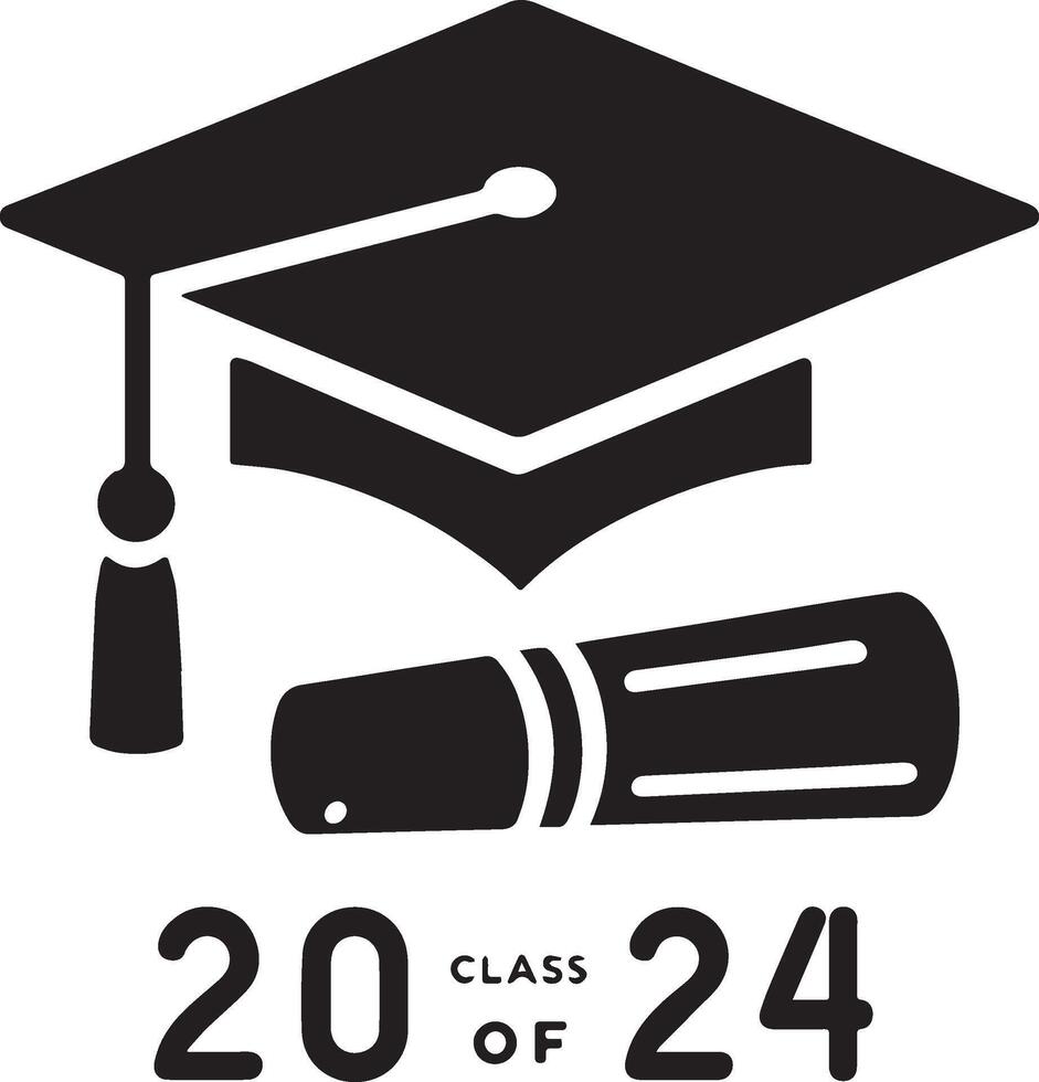 2024 graduation set featuring caps, diplomas, and fun typography. Perfect for celebration and academic achievement design projects. vector