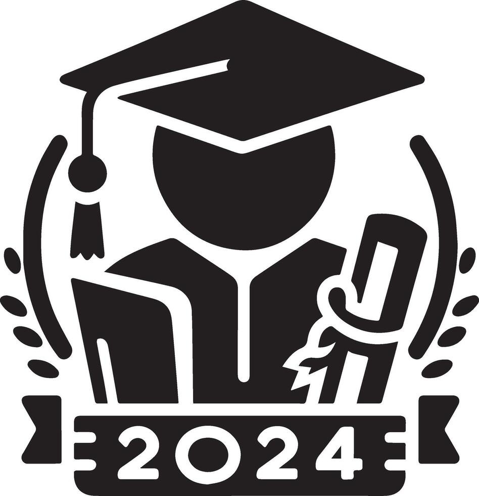 2024 graduation set featuring caps, diplomas, and fun typography. Perfect for celebration and academic achievement design projects. vector