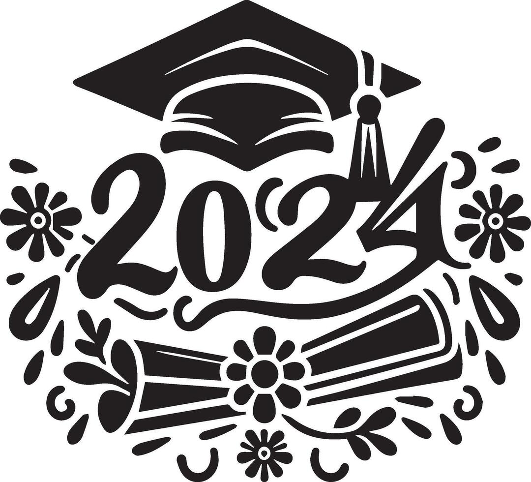 2024 graduation set featuring caps, diplomas, and fun typography. Perfect for celebration and academic achievement design projects. vector