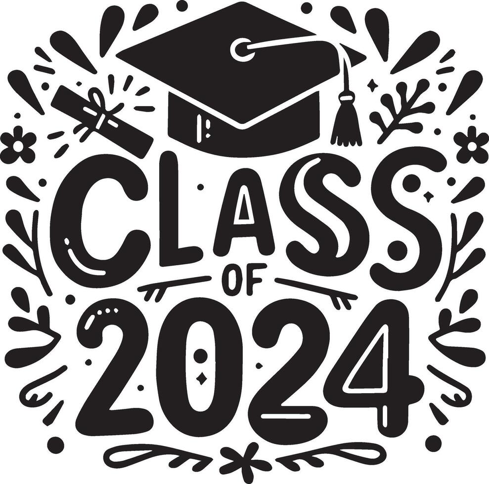 2024 graduation set featuring caps, diplomas, and fun typography. Perfect for celebration and academic achievement design projects. vector