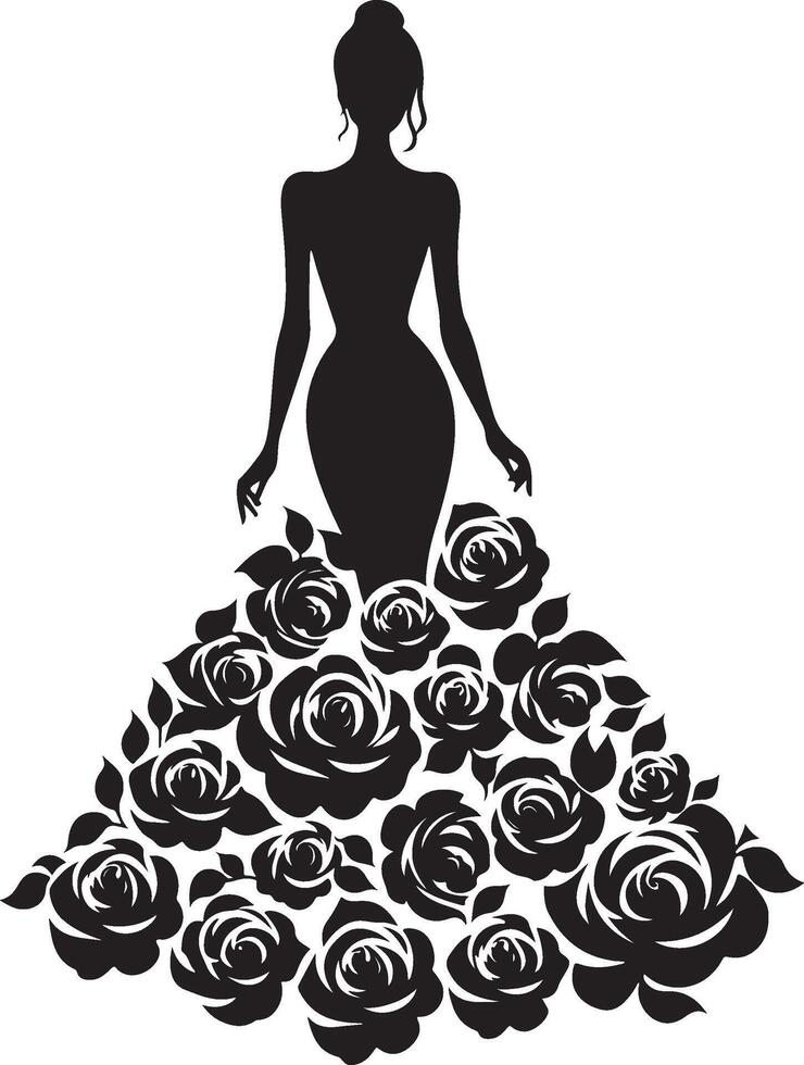 Stylish woman in a rose flower gown silhouette line art set capturing the grace and beauty of fashion illustrations. Perfect for decorative and formal design projects vector