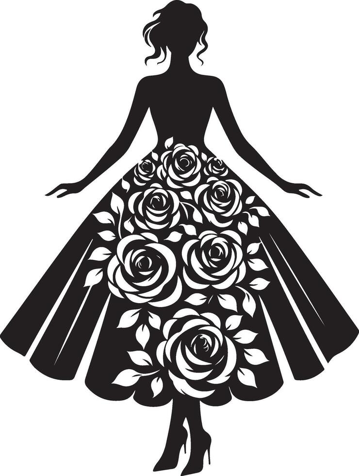 Stylish woman in a rose flower gown silhouette line art set capturing the grace and beauty of fashion illustrations. Perfect for decorative and formal design projects vector