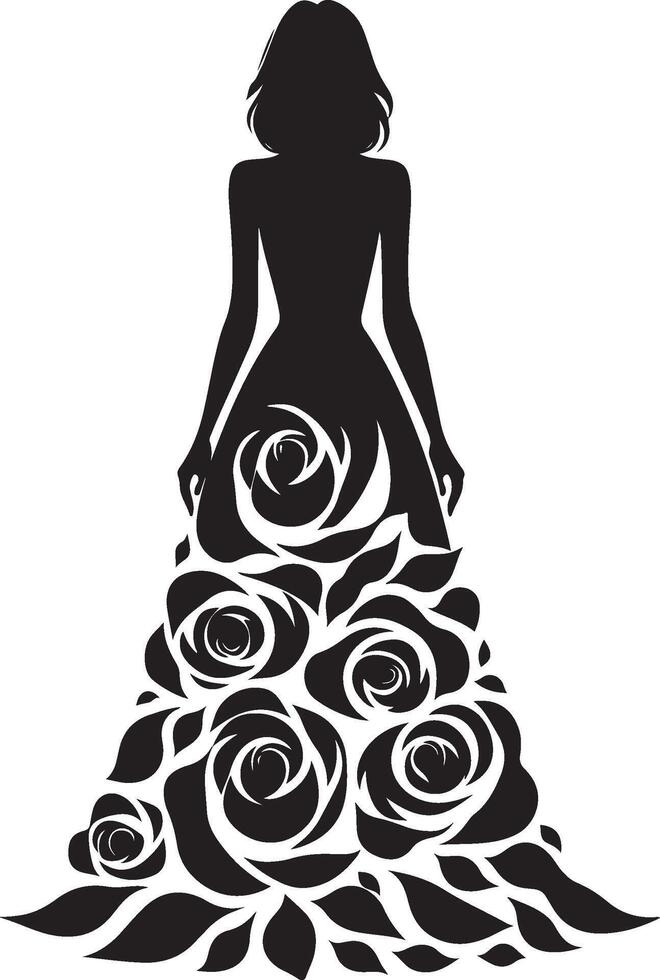 Stylish woman in a rose flower gown silhouette line art set capturing the grace and beauty of fashion illustrations. Perfect for decorative and formal design projects vector