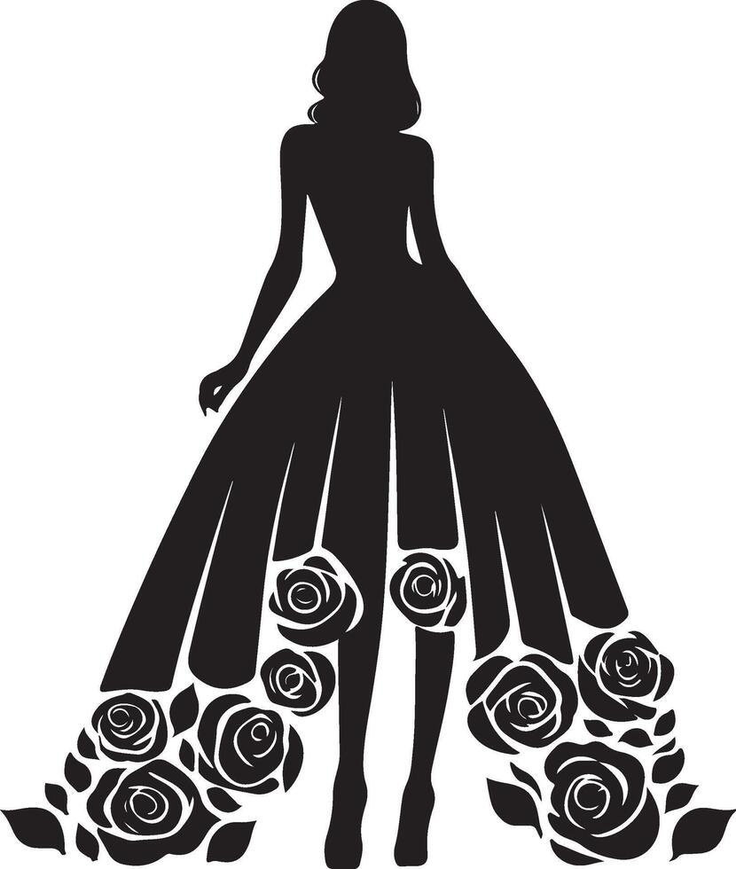 Stylish woman in a rose flower gown silhouette line art set capturing the grace and beauty of fashion illustrations. Perfect for decorative and formal design projects vector