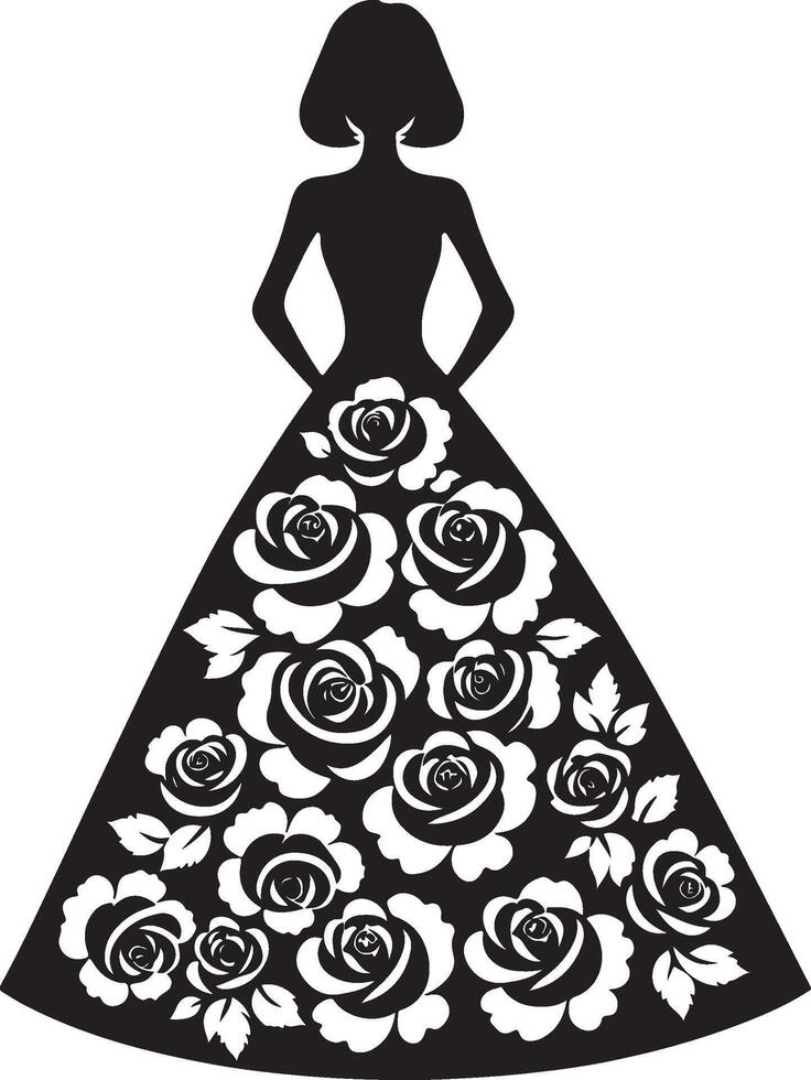 Stylish woman in a rose flower gown silhouette line art set capturing the grace and beauty of fashion illustrations. Perfect for decorative and formal design projects vector