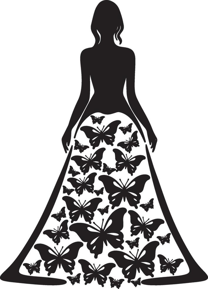 Whimsical woman in a butterfly gown silhouette line art set capturing the grace and beauty of fashion illustrations. Perfect for decorative and ethereal design projects vector