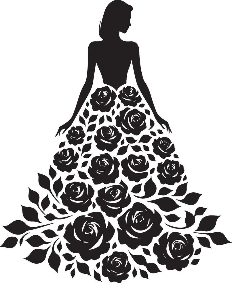 Stylish woman in a rose flower gown silhouette line art set capturing the grace and beauty of fashion illustrations. Perfect for decorative and formal design projects vector