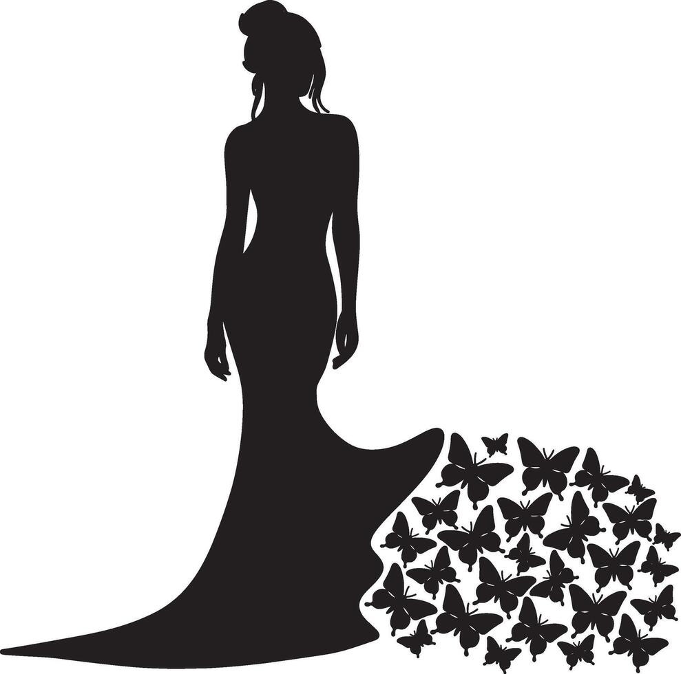Whimsical woman in a butterfly gown silhouette line art set capturing the grace and beauty of fashion illustrations. Perfect for decorative and ethereal design projects vector