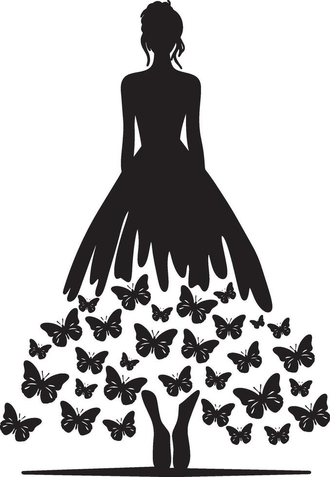 Whimsical woman in a butterfly gown silhouette line art set capturing the grace and beauty of fashion illustrations. Perfect for decorative and ethereal design projects vector