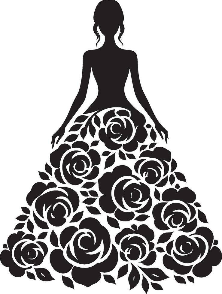 Stylish woman in a rose flower gown silhouette line art set capturing the grace and beauty of fashion illustrations. Perfect for decorative and formal design projects vector