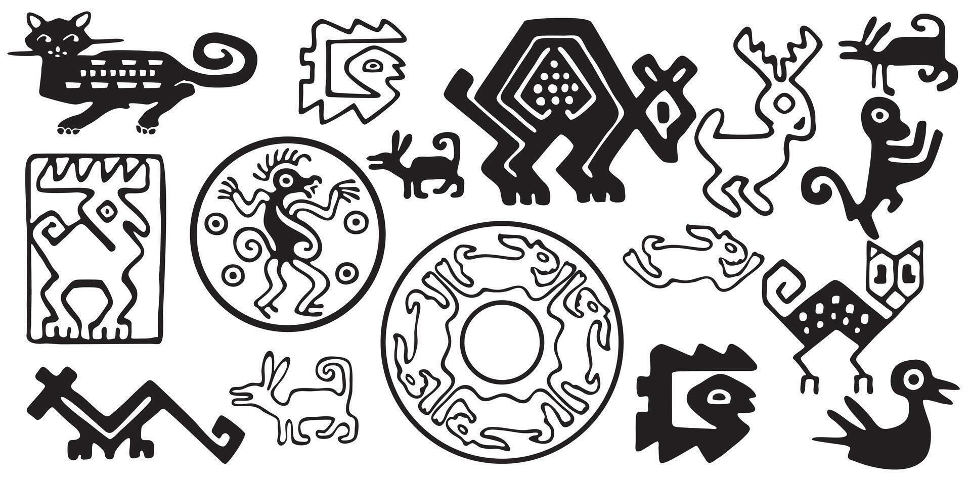 A set of tribal birds, black and white isolated . Aztec style Mexican designs vector