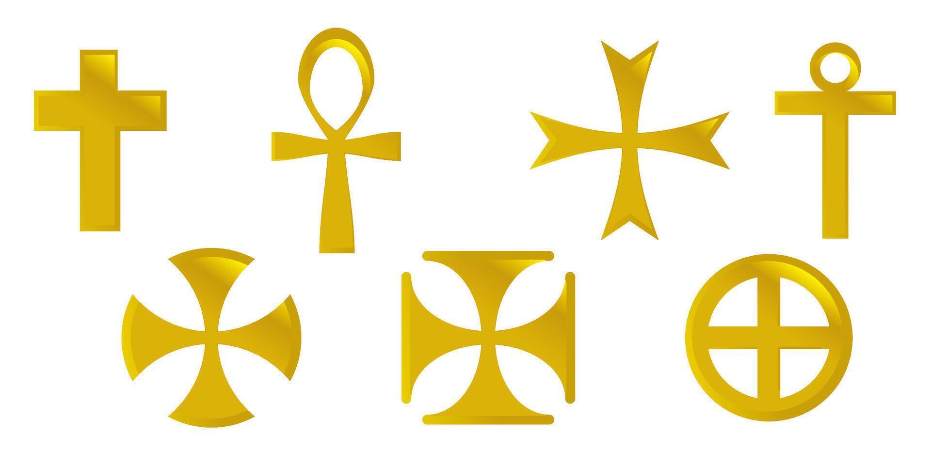 Set cross icon, collection of religion symbols isolated in whte background. Symbol 3D golden. vector