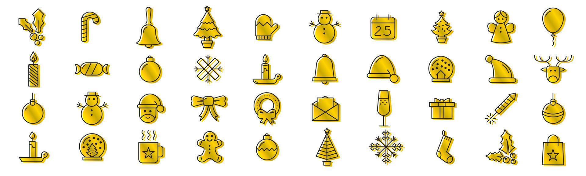 Christmas icons line and goleden set illustration vector