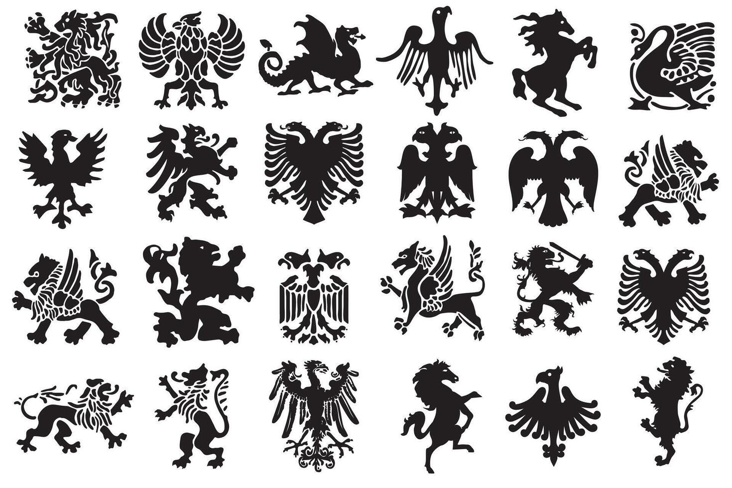 Set of silhouettes with heraldic motifs in black. vector