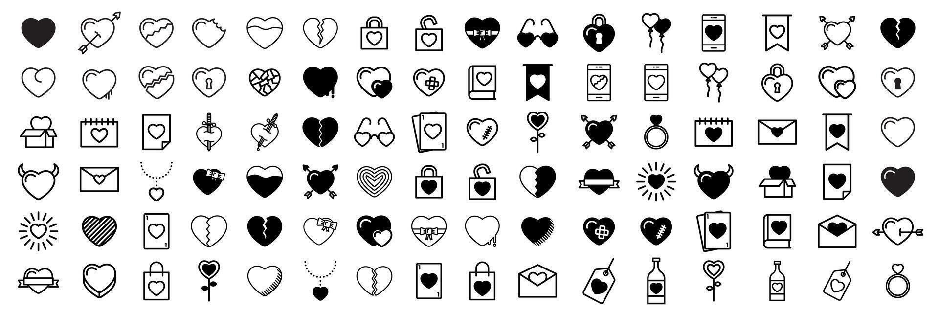 96 heart line icon set. Simple pictogram pack. Stroke drawing on a white background. Modern collection of outline style icons. vector