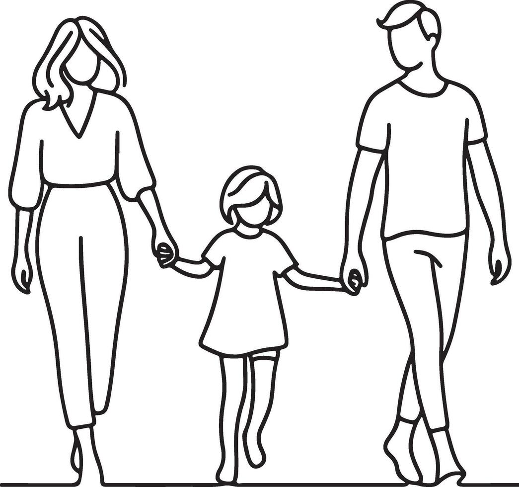 Family Holding Hands Parents and Children Walking Together Family Line Art Set with Various Poses and Activities vector