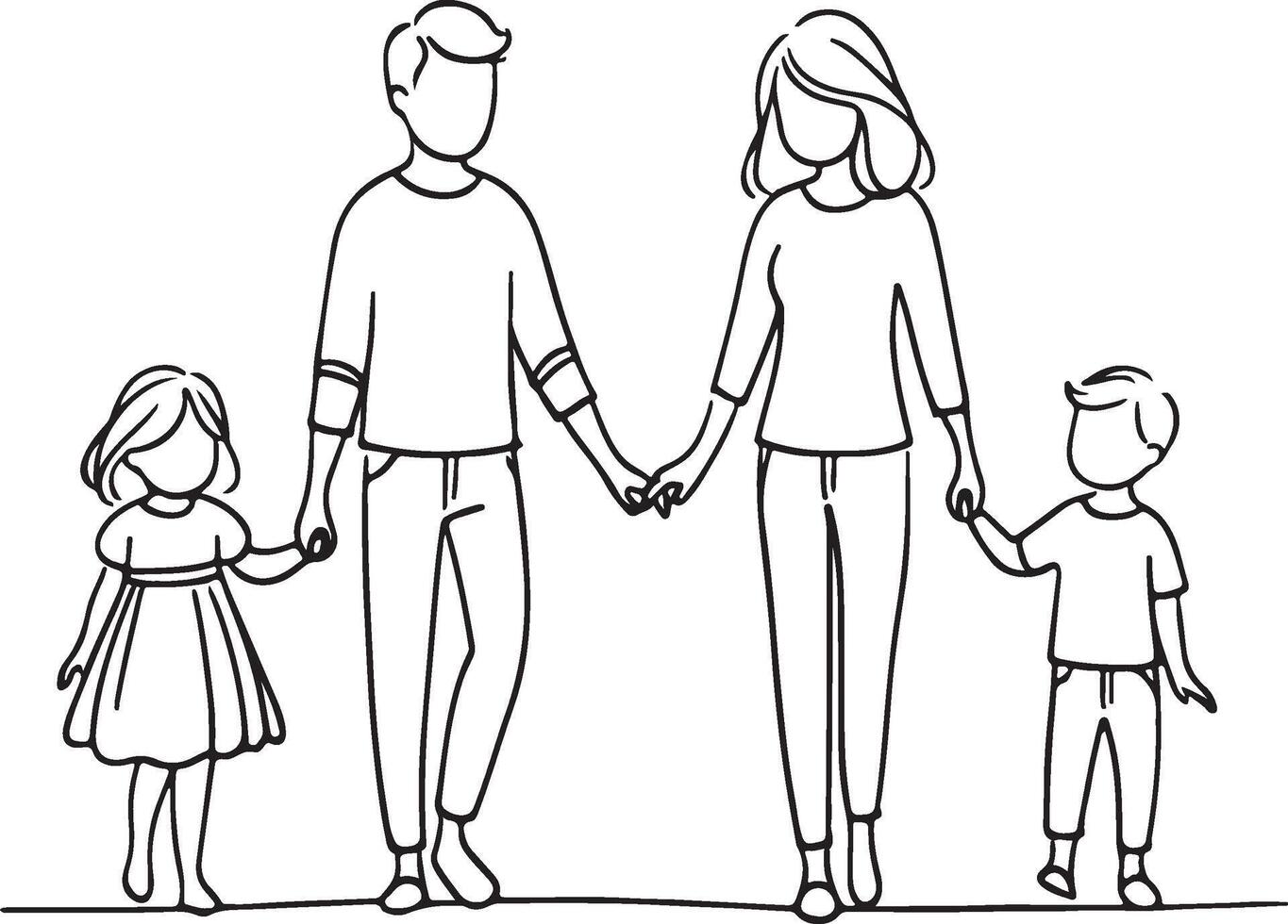 Family Holding Hands Parents and Children Walking Together Family Line Art Set with Various Poses and Activities vector