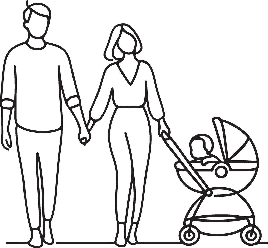 Family Holding Hands Parents and Children Walking Together Family Line Art Set with Various Poses and Activities vector