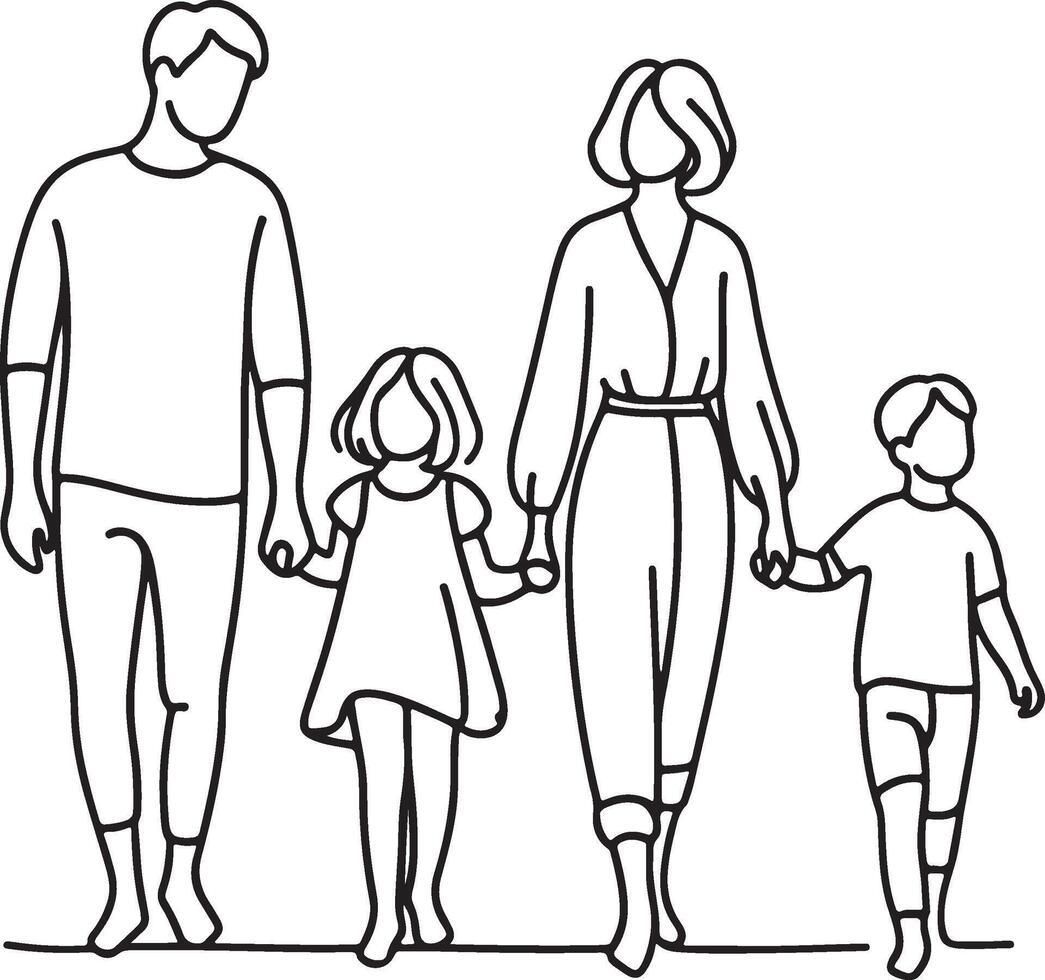 Family Holding Hands Parents and Children Walking Together Family Line Art Set with Various Poses and Activities vector