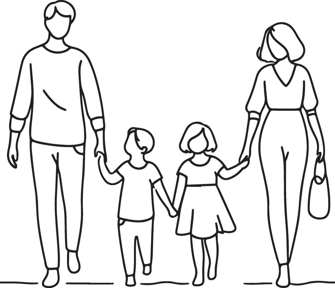 Family Holding Hands Parents and Children Walking Together Family Line Art Set with Various Poses and Activities vector